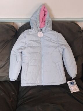 Children's Light Blue Hooded Puffer Jacket with Pink Lining
